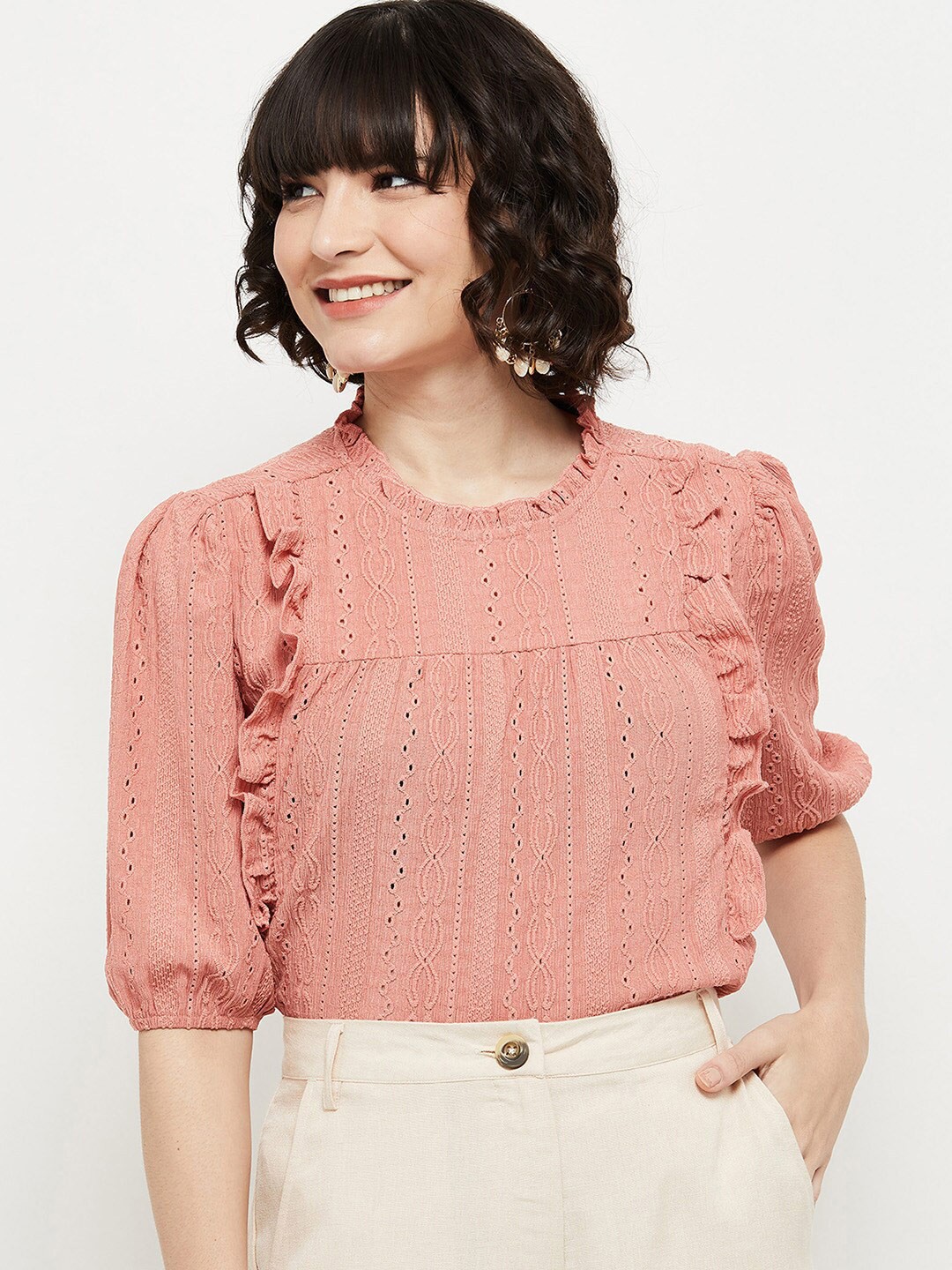 

max Red Self Design Schiffli Top