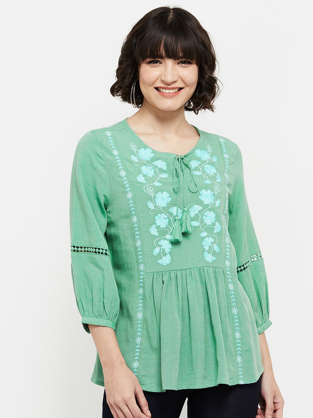 

max Green Floral Embellished Tie-Up Neck Top