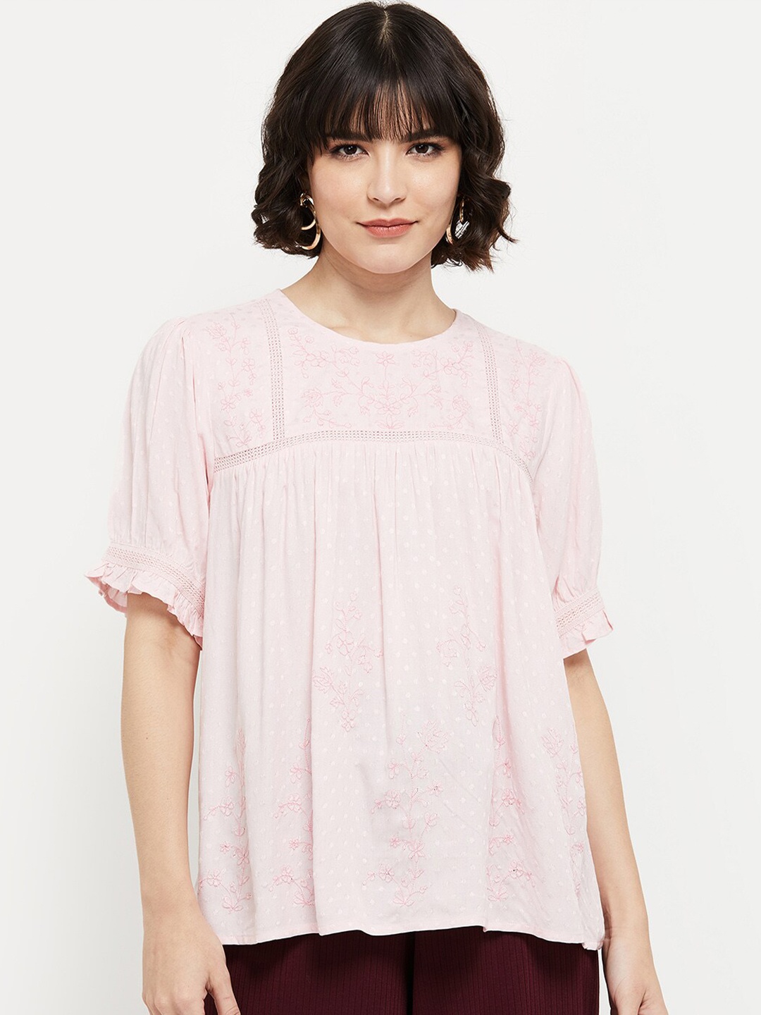 

max Pink Embroidered Dobby Empire Top