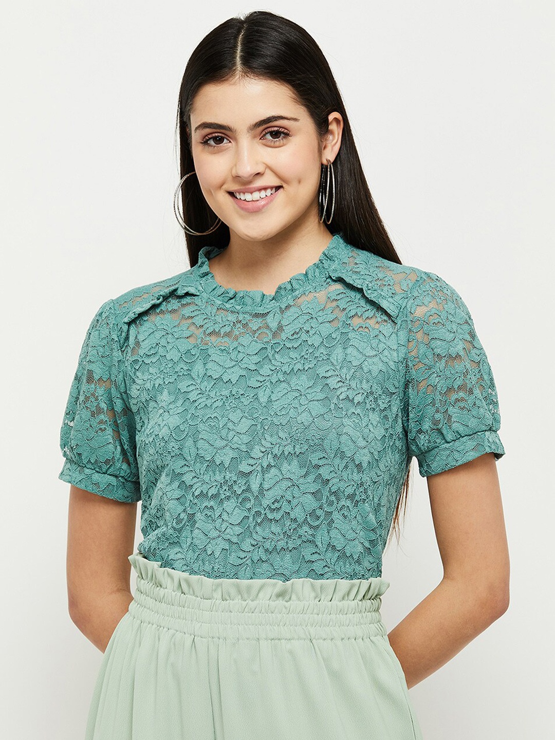 

max Green Floral Self Design Lace Top