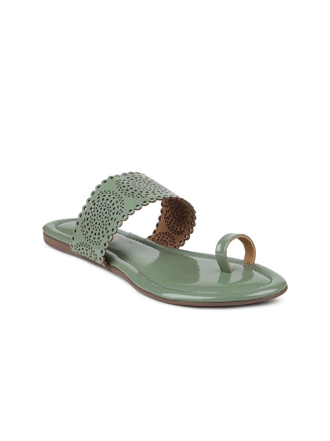 

DESIGN CREW Women Green Textured One Toe Flats with Laser Cuts