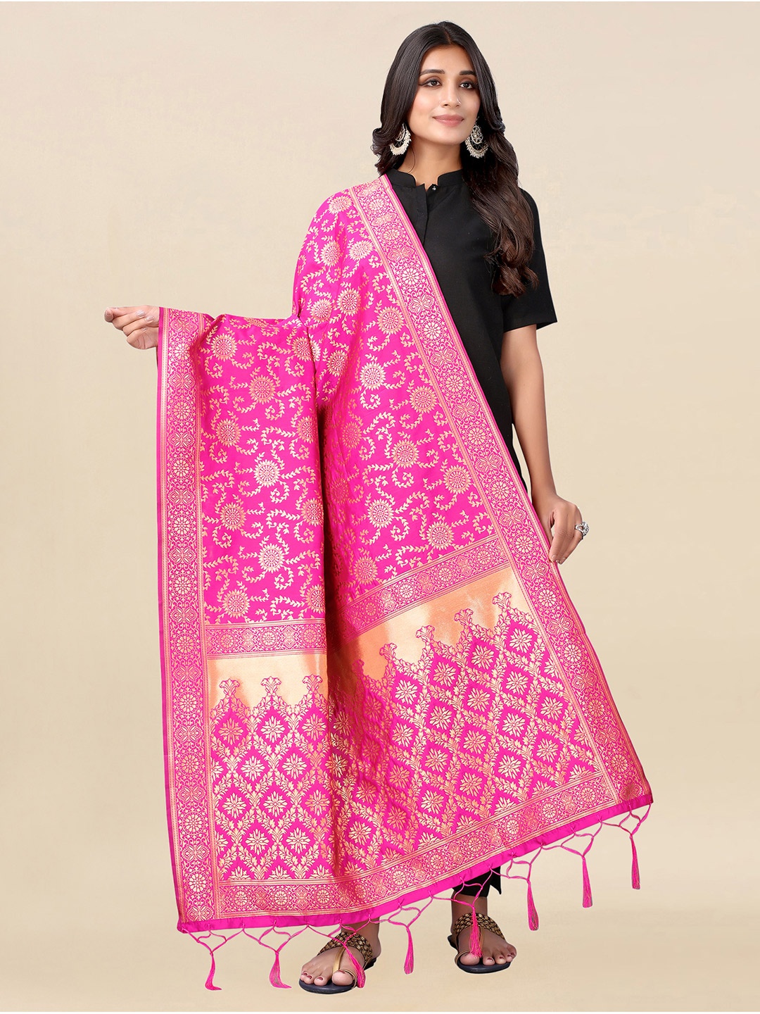 

Satrani Pink & Gold-Toned Ethnic Motifs Woven Design Dupatta with Zari