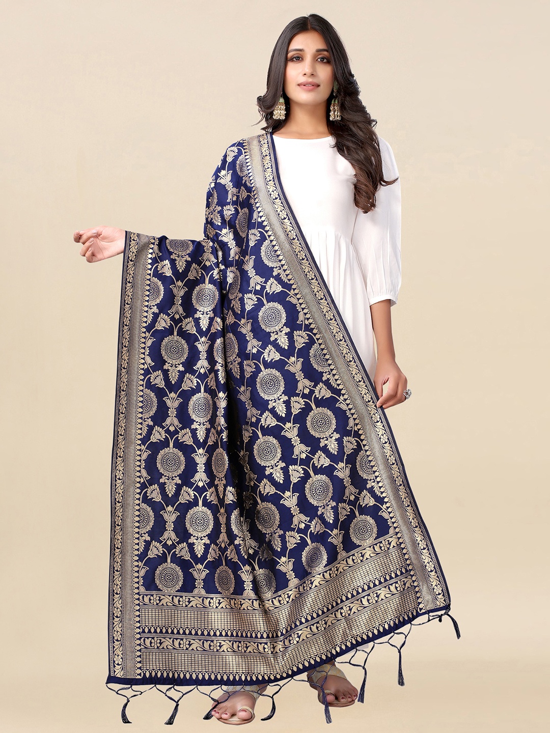 

Satrani Navy Blue & Gold-Toned Ethnic Motifs Woven Design Dupatta with Zari