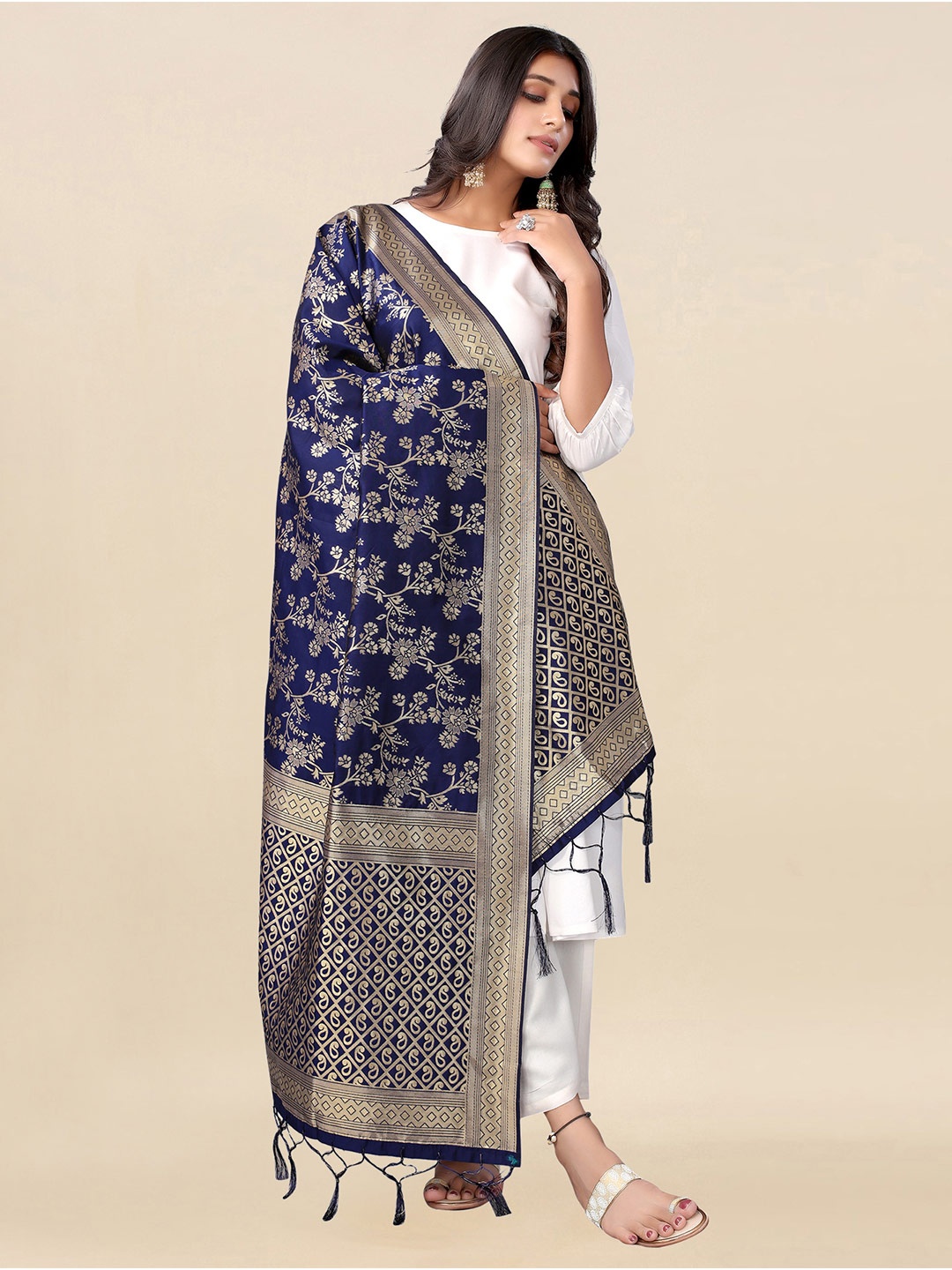 

Satrani Navy Blue & Gold-Toned Ethnic Motifs Woven Design Dupatta with Zari