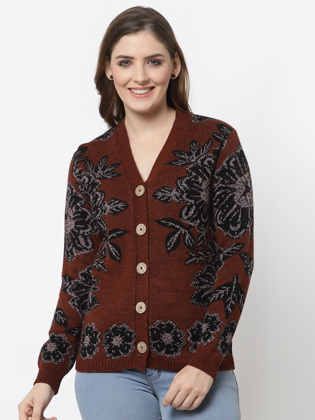 

Kalt Women Rust & Black Floral Printed Cardigan