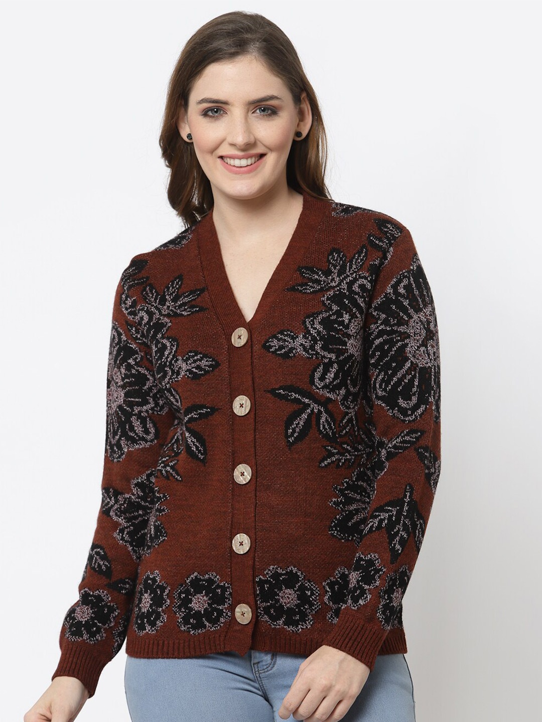 

Kalt Women Rust & Black Floral Colourblocked Cardigan