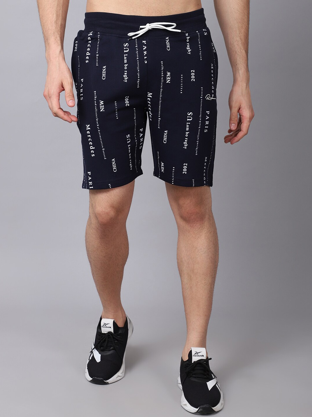

Rodamo Men Navy Blue Printed Slim Fit Sports Shorts