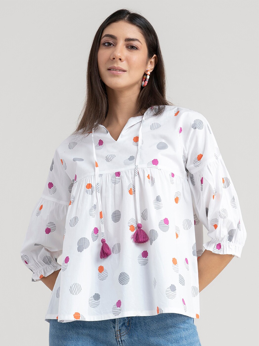 

Pink Fort White Floral Print Mandarin Collar Top