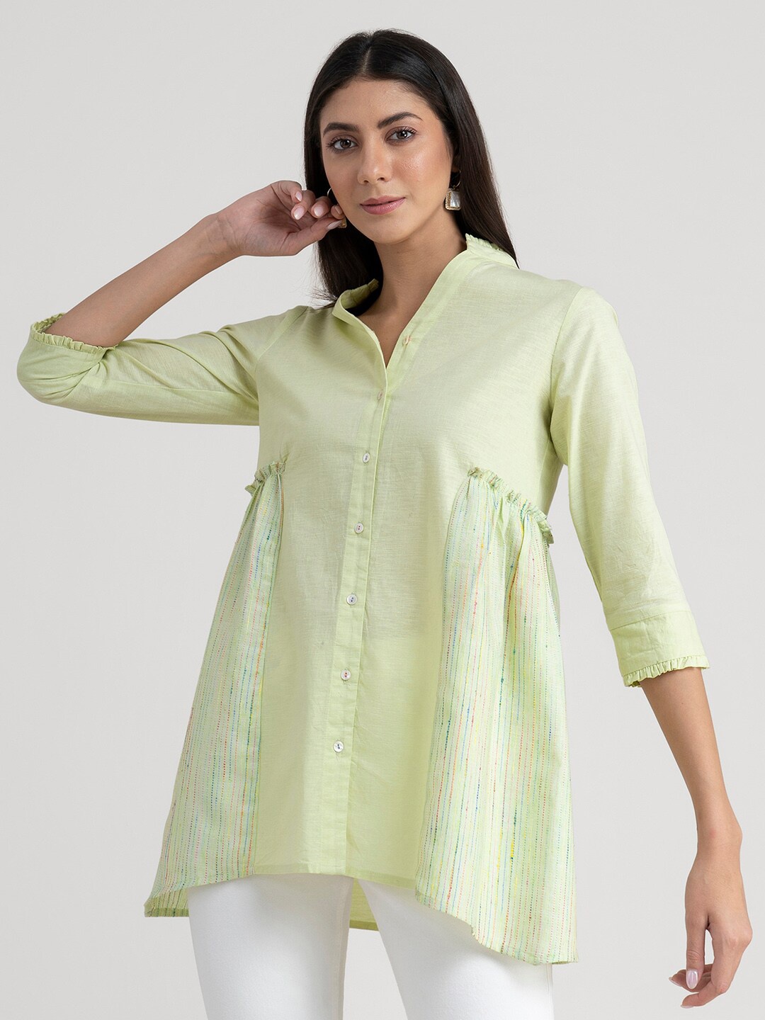 

Pink Fort Lime Green & gravel Mandarin Collar Shirt Style Longline Top
