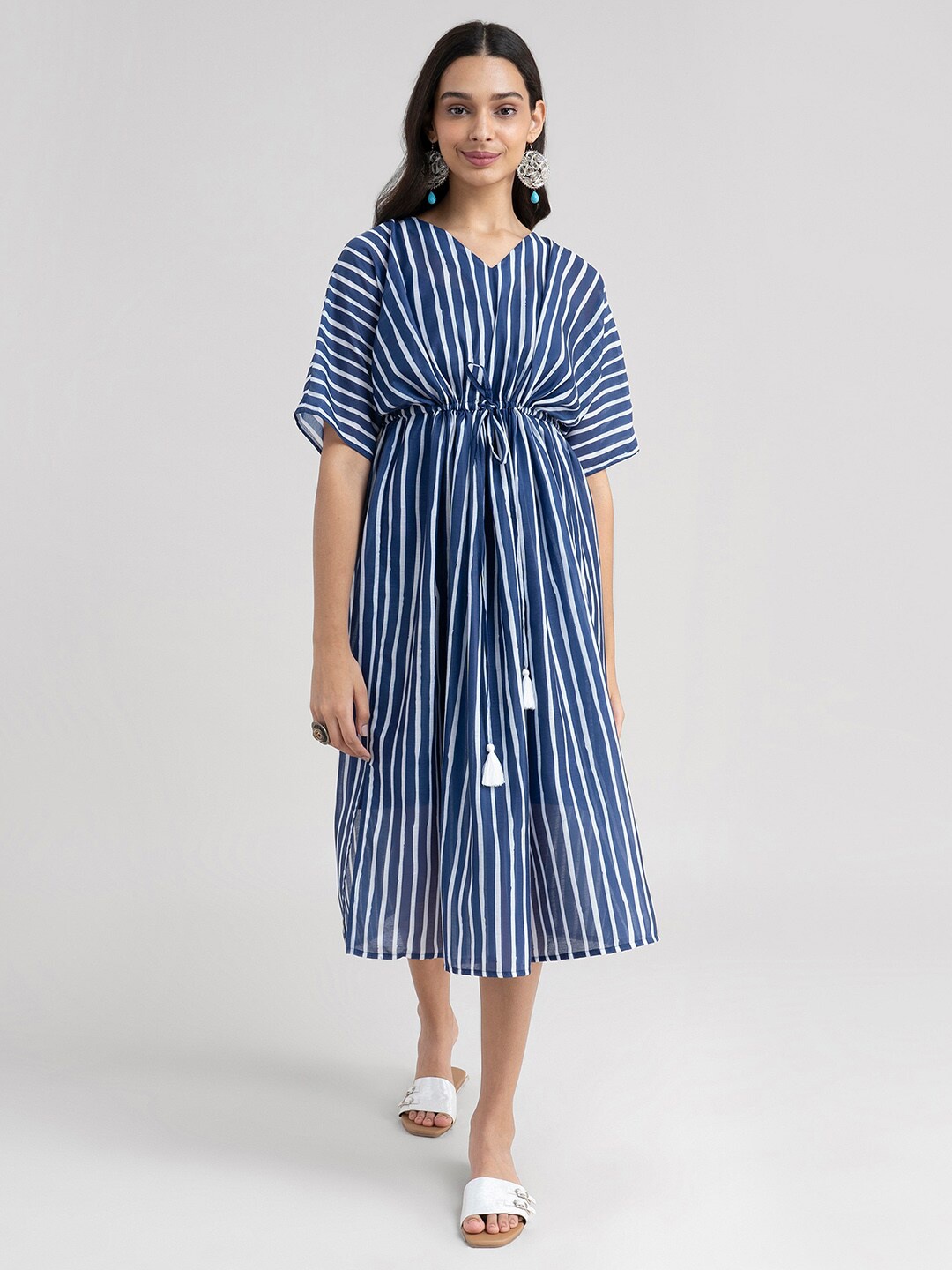 

Pink Fort Navy Blue Striped Midi Dress