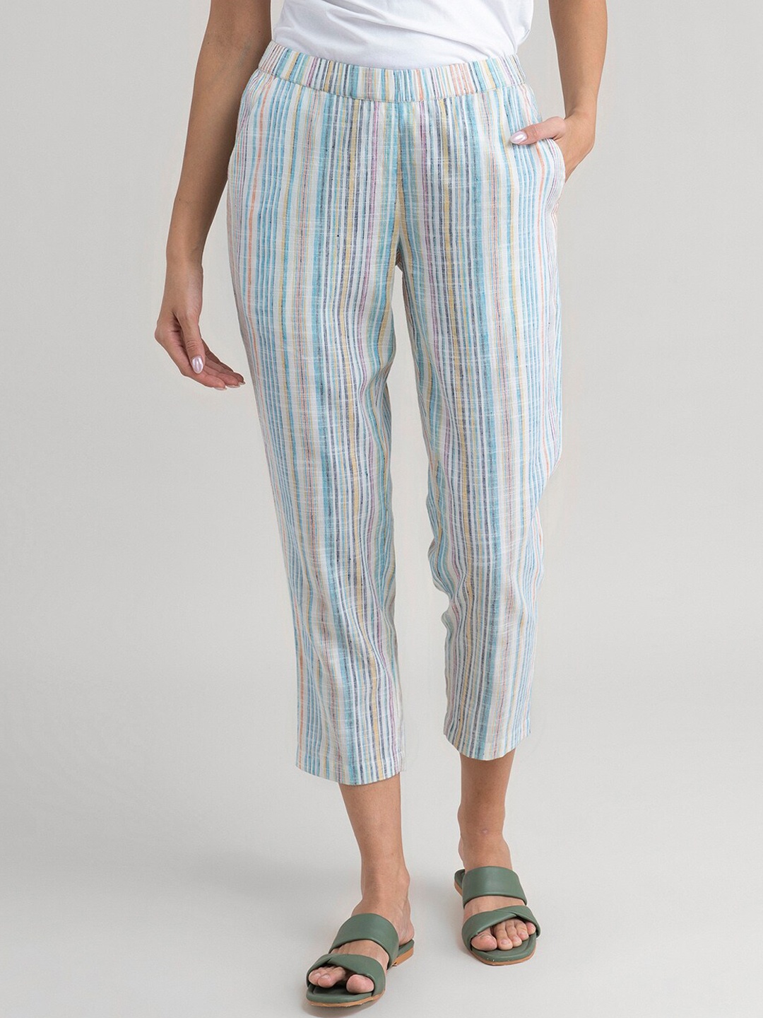 

Pink Fort Women Off White Striped Tapered Fit Trousers