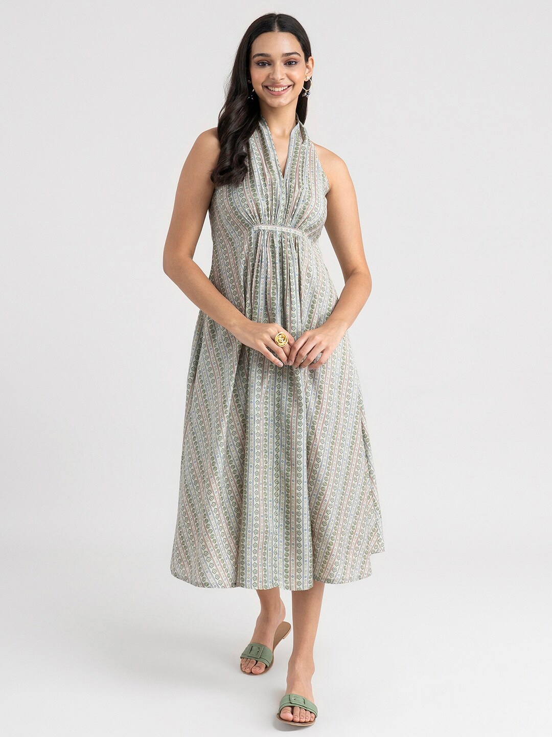 

Pink Fort Green Striped Halter Neck Empire Midi Dress