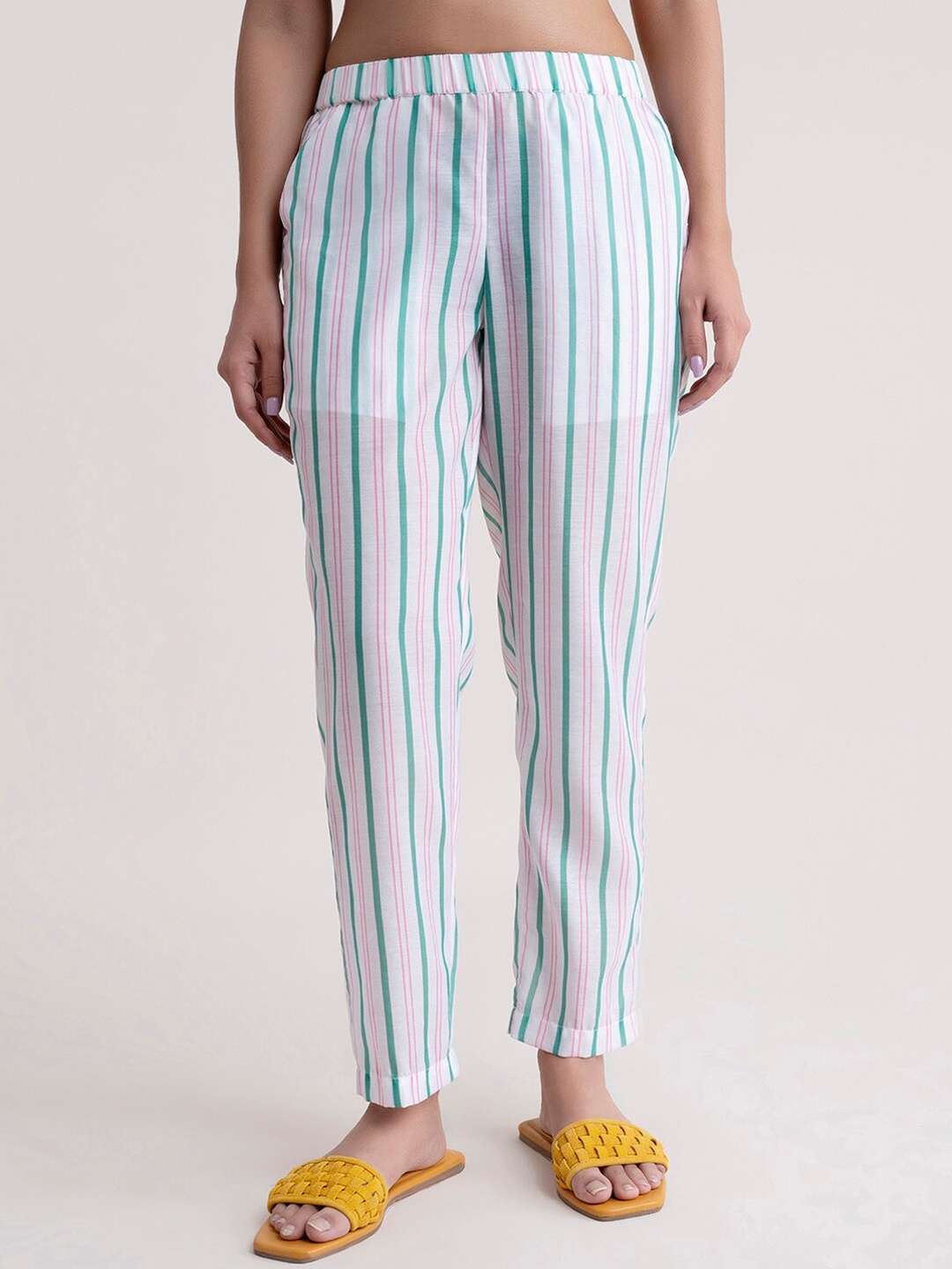 

Pink Fort Women White Striped Tapered Fit Trousers