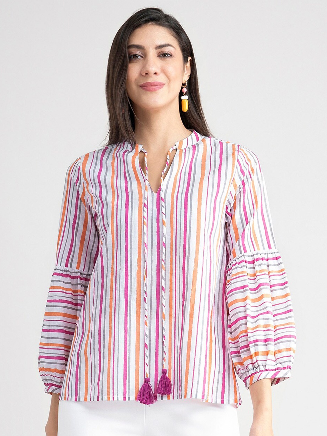 

Pink Fort Pink Striped Mandarin Collar Shirt Style Top