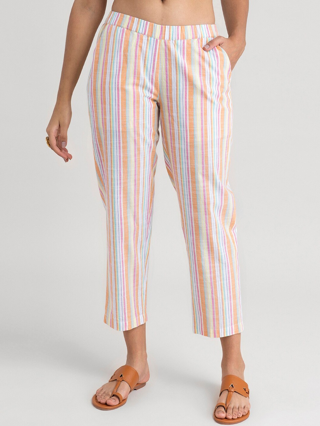 

Pink Fort Women Orange Striped Tapered Fit Trousers