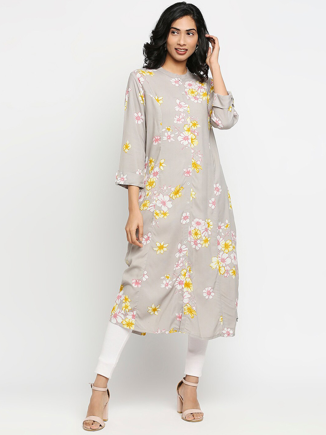 

Ethnicity Women Grey Floral Striped Flared Sleeves Thread Work Kurta