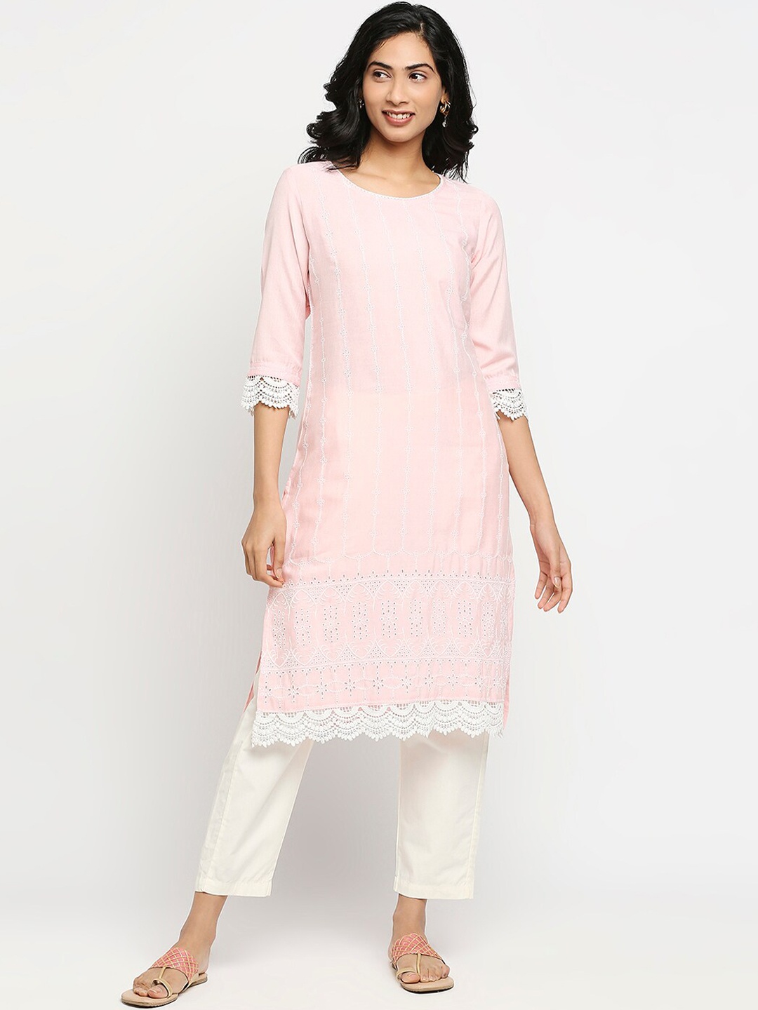 

Ethnicity Women Pink & misty rose Ethnic Motifs Chikankari Kurta