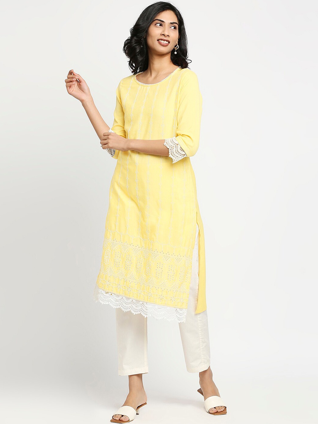 

Ethnicity Women Yellow Striped Thread Work Kurta