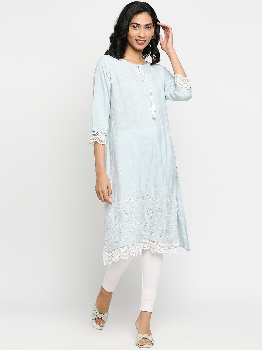 

Ethnicity Women Blue & bit of blue Striped Keyhole Neck Thread Work Kurta