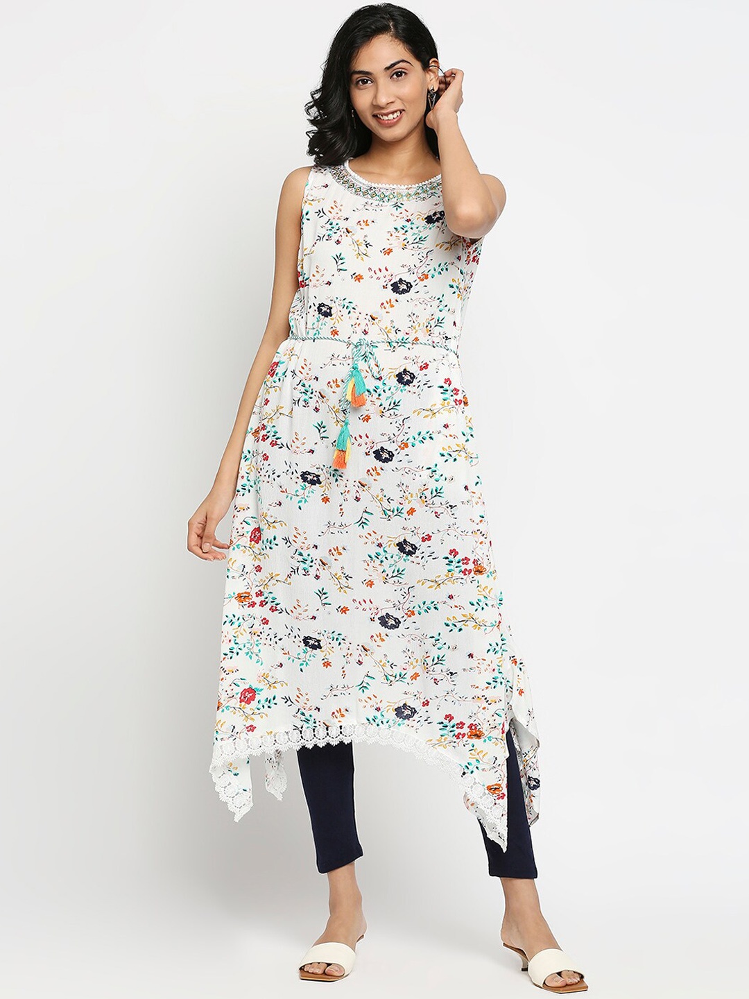 

Ethnicity Women Off White & cloud dancer Floral Printed Thread Work Kurta