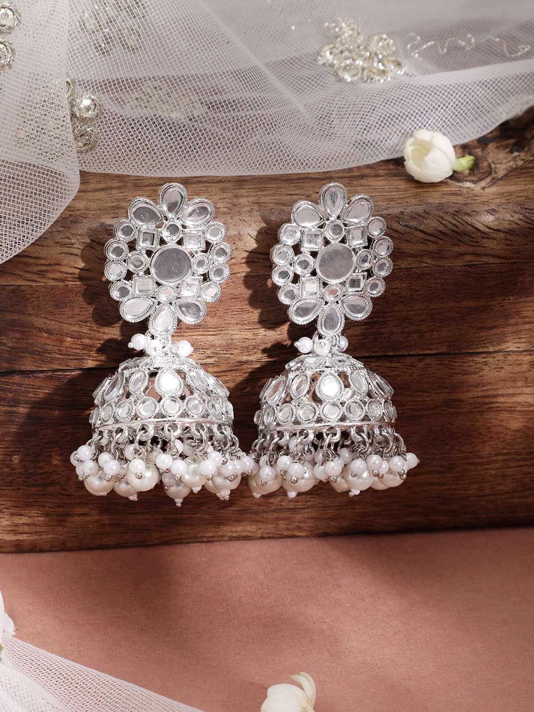

Rubans Silver-Toned Dome Shaped Jhumkas Earrings