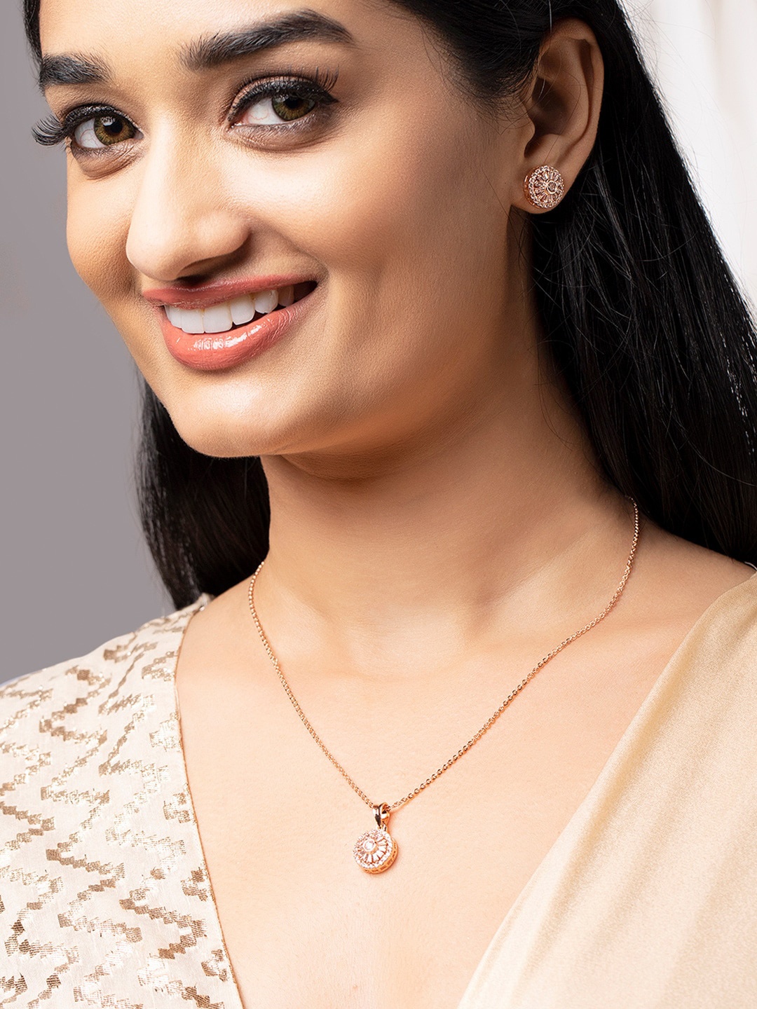 

Rubans Rose Gold-Toned White AD-Studded Handcrafted Jewellery Set