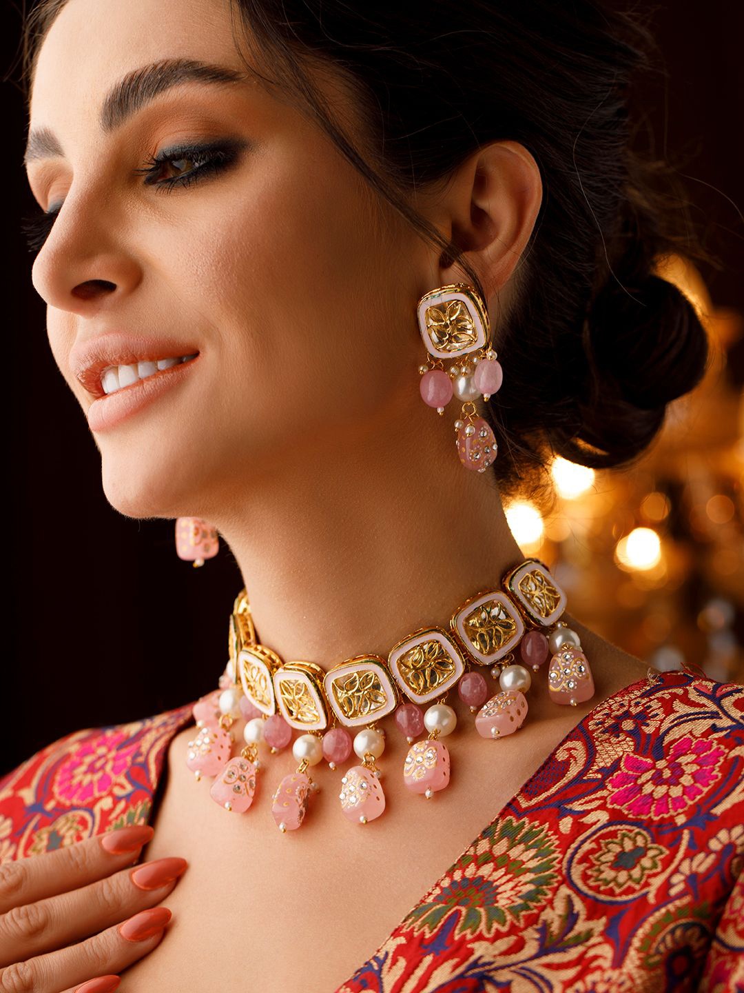 

Rubans Gold-Plated Pastel Pink Beaded Choker Jewellery Set