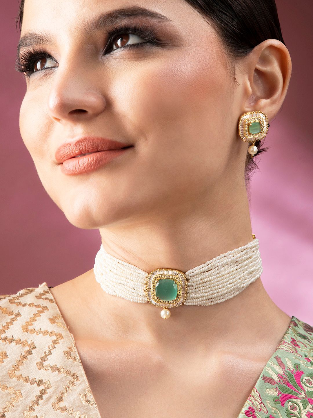 

Rubans Gold-Plated Mint Blue & White Stone-Studded & Pearls Beaded Choker Jewellery Set