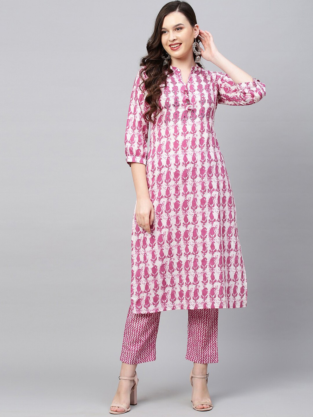 

FASHOR Women Purple Printed Mirror Work Pure Cotton Kurta with Sharara & With Dupatta