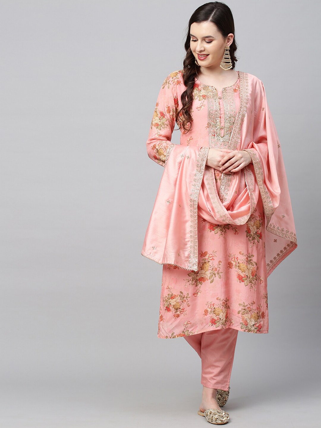 

FASHOR Women Pink Floral Printed Sequinned Kurti with Palazzos & With Dupatta