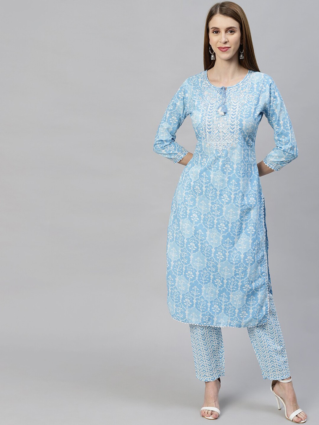 

FASHOR Women Blue Printed Sequinned Pure Cotton Kurti with Palazzos