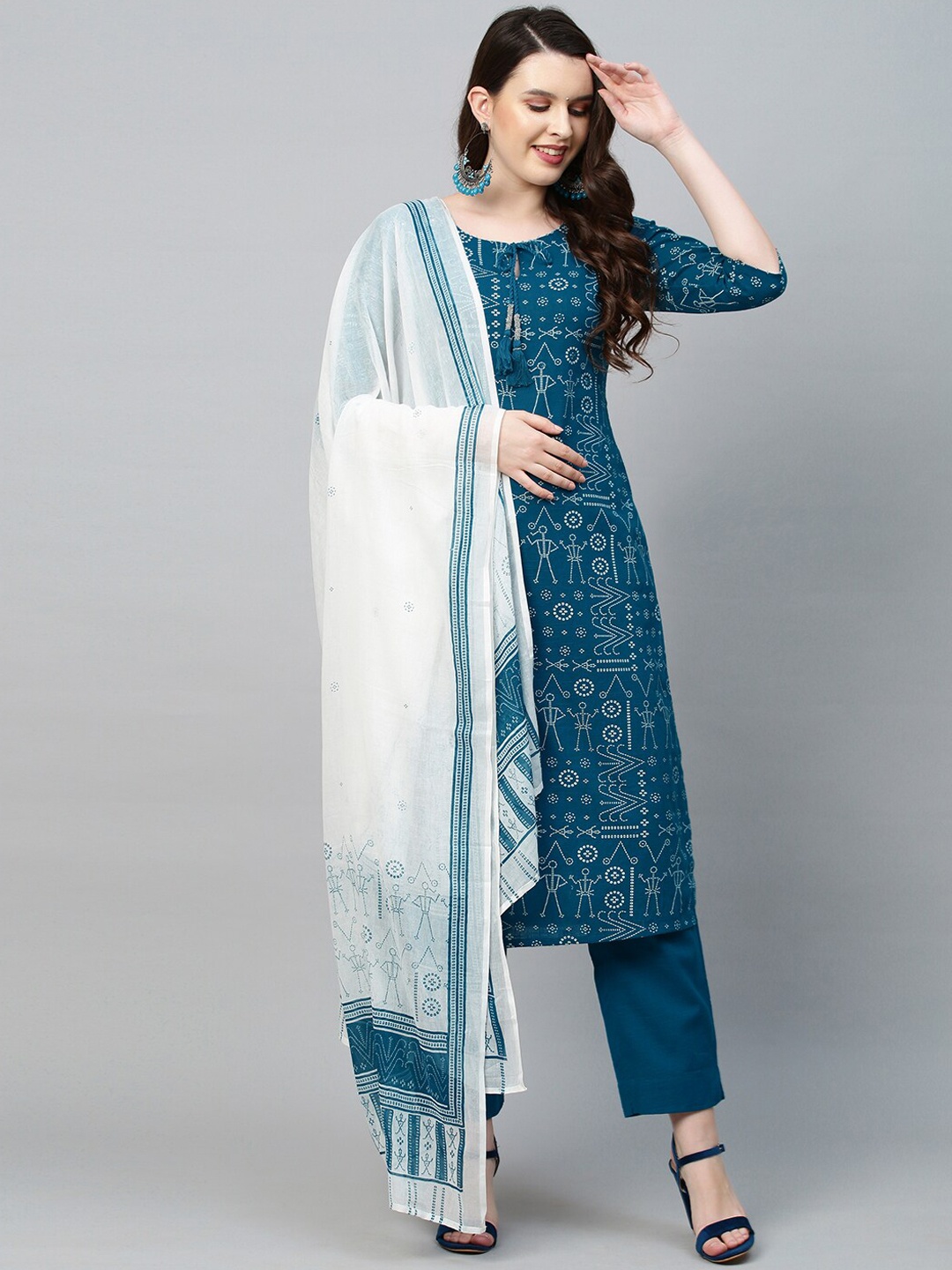 

FASHOR Women Teal Ethnic Motifs Embroidered Pleated Beads and Stones Pure Cotton Kurta with Churidar & With