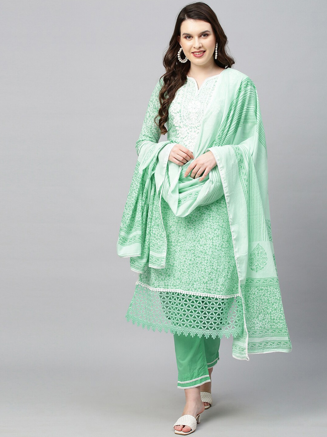 

FASHOR Women Green Ethnic Motifs Layered Chikankari Kurta with Trousers & With Dupatta