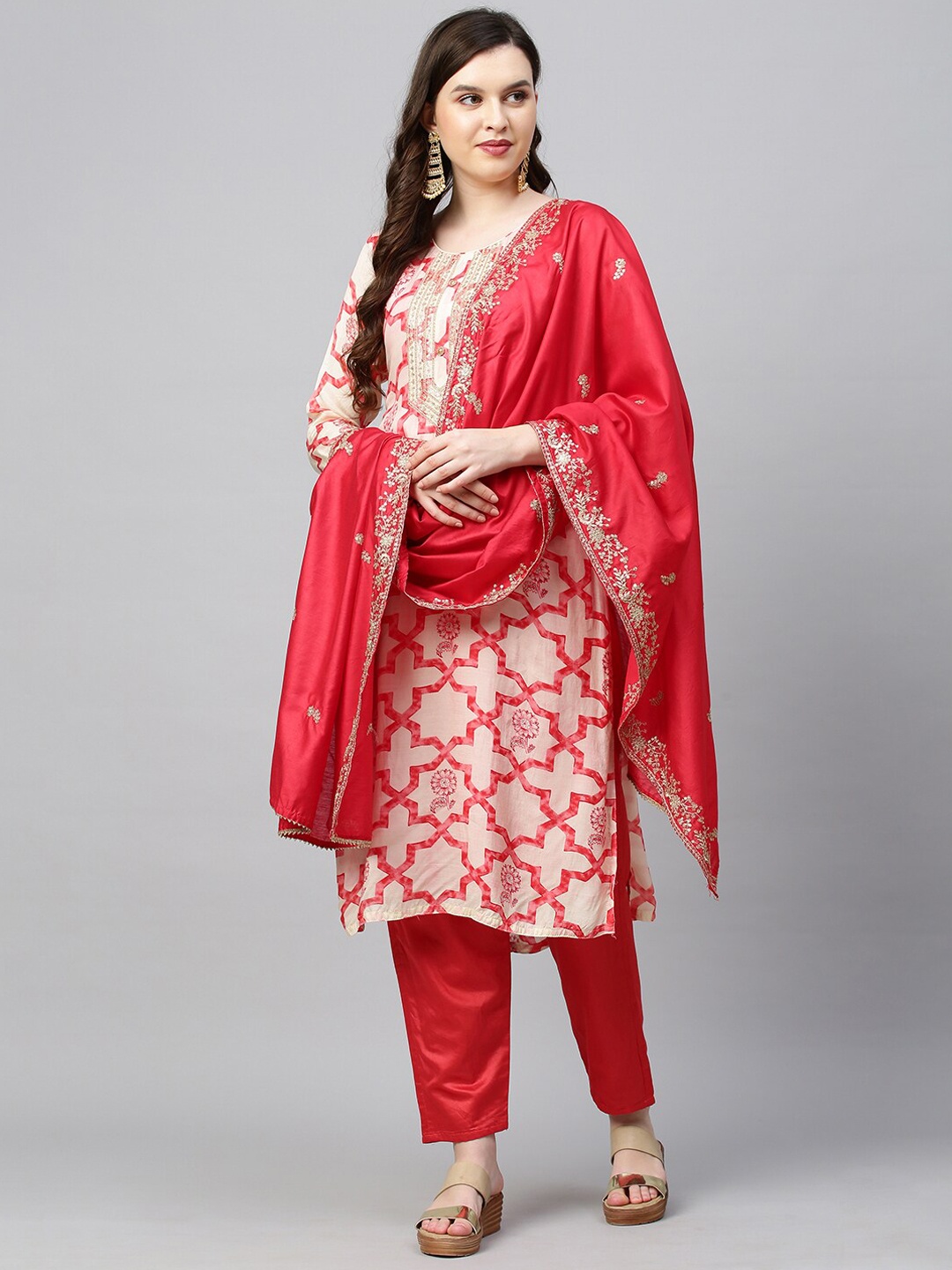 

FASHOR Women Cream-Coloured Ethnic Motifs Printed Mirror Work Kurta with Palazzos & With Dupatta