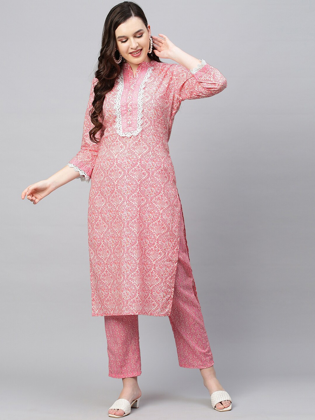 

FASHOR Women Pink Embroidered Layered Pure Cotton Kurti with Trousers & With Dupatta