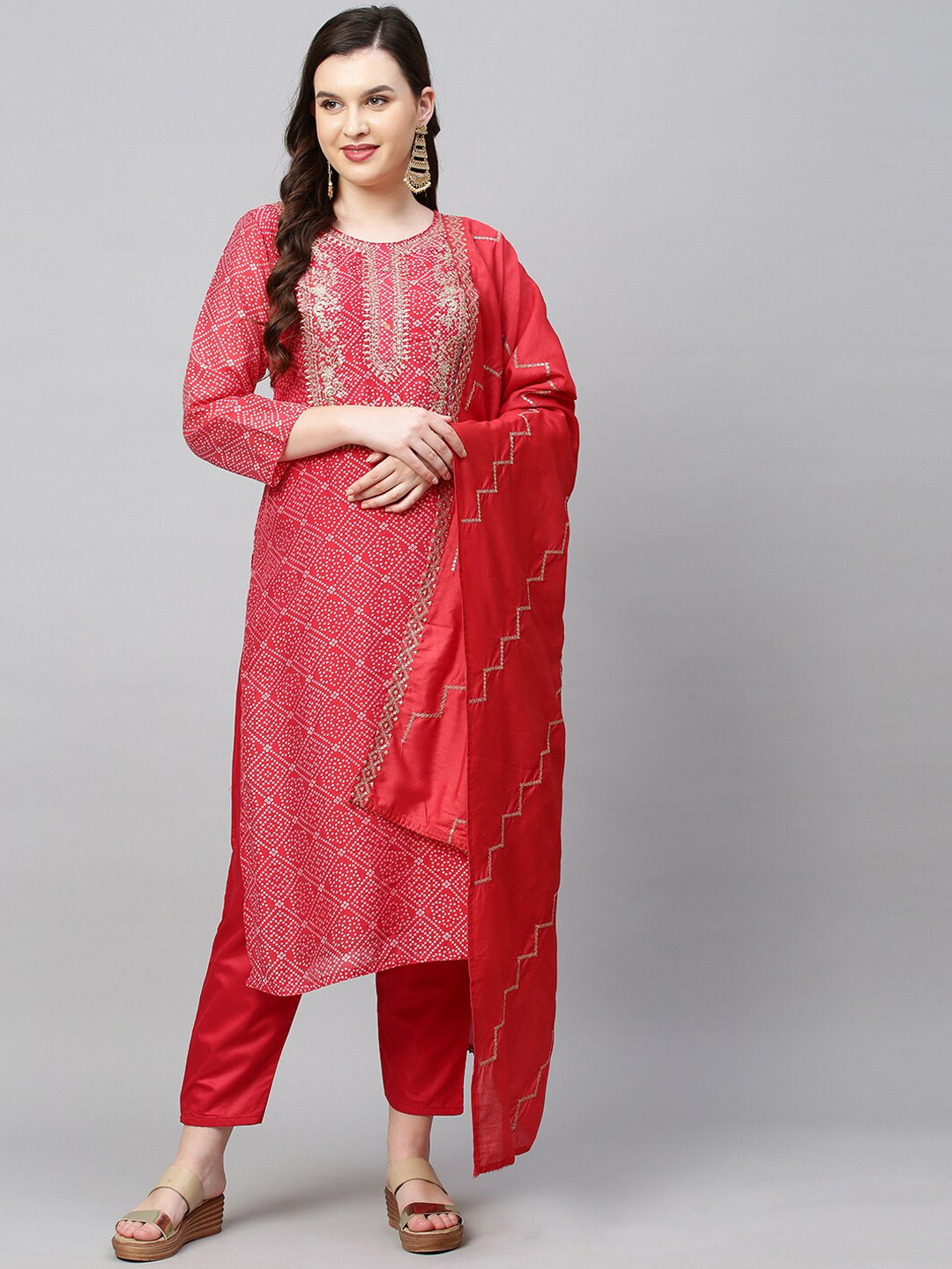 

FASHOR Women Red Ethnic Motifs Printed Kurta with Churidar