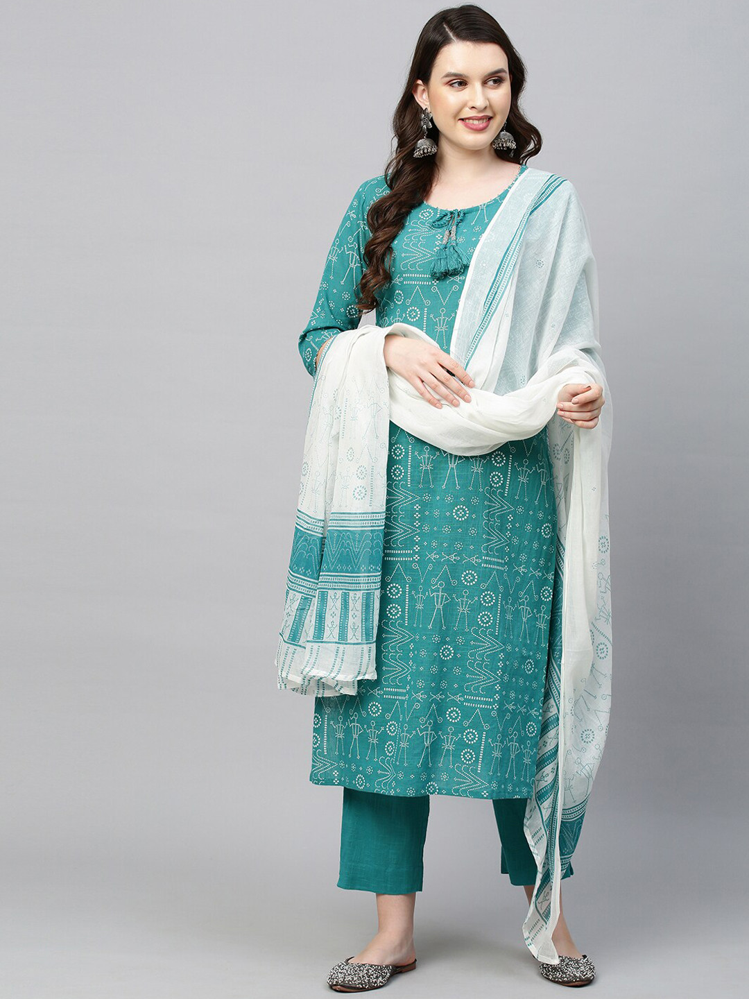 

FASHOR Women Sea Green Ethnic Motifs Printed Beads and Stones Pure Cotton Kurta with Trousers & With Dupatta