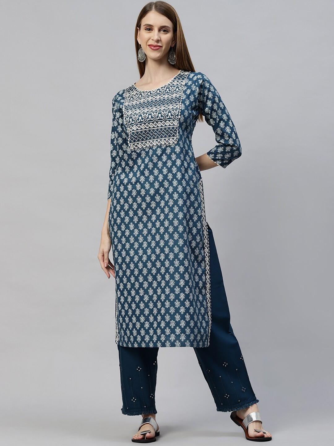 

FASHOR Women Teal Printed Mirror Work Pure Cotton Kurta with Palazzos