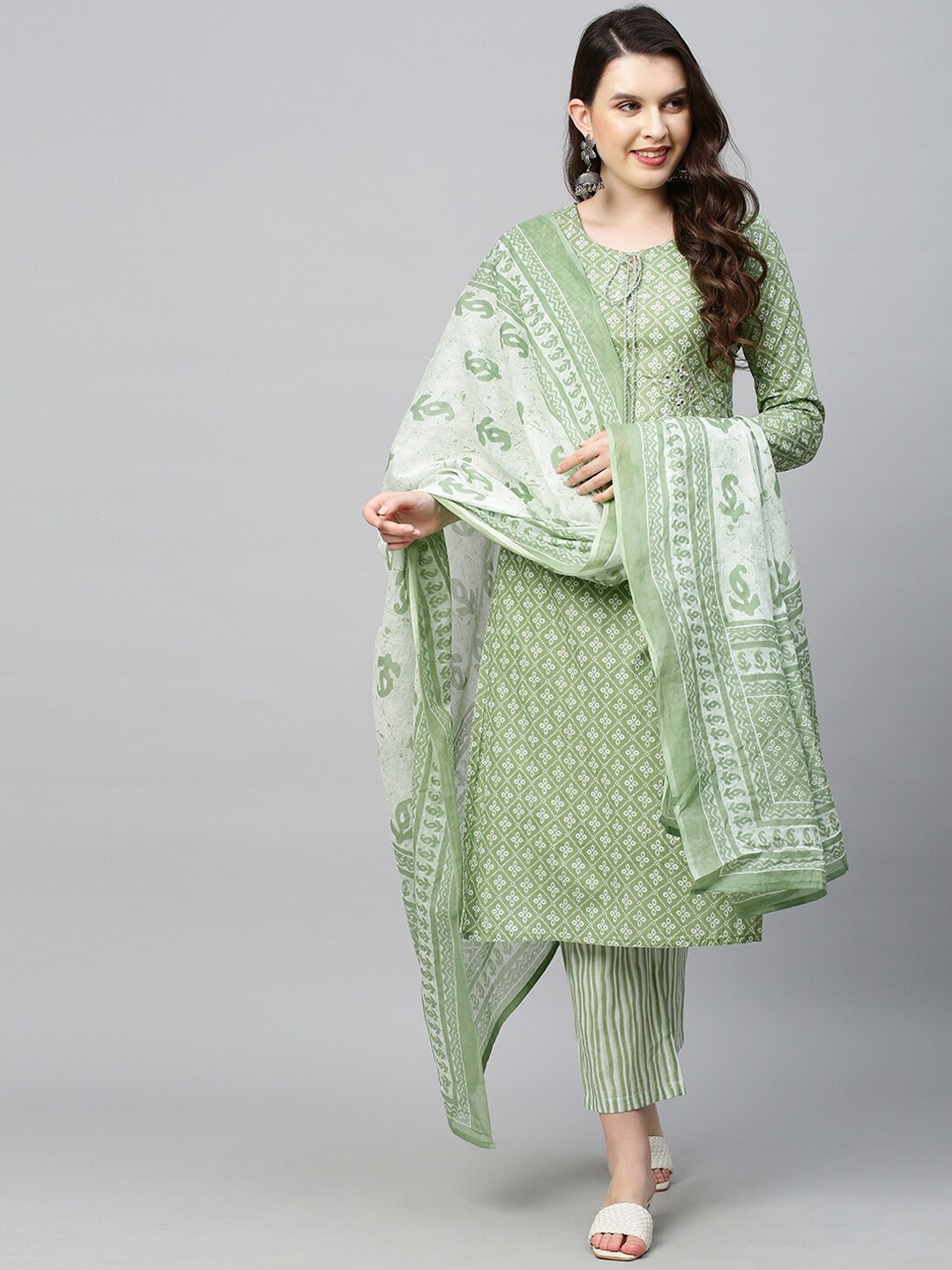 

FASHOR Women Green Ethnic Motifs Printed Mirror Work Pure Cotton Kurta with Palazzos & With Dupatta