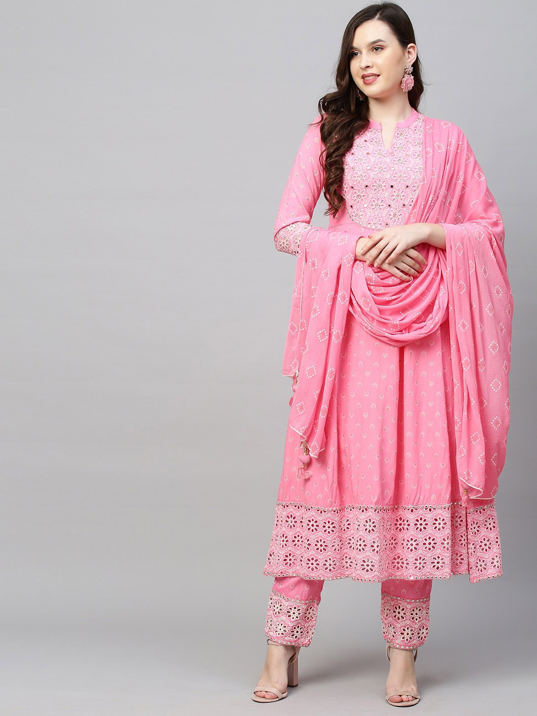 

FASHOR Women Pink Embroidered Panelled Mirror Work Kurta with Palazzos & With Dupatta