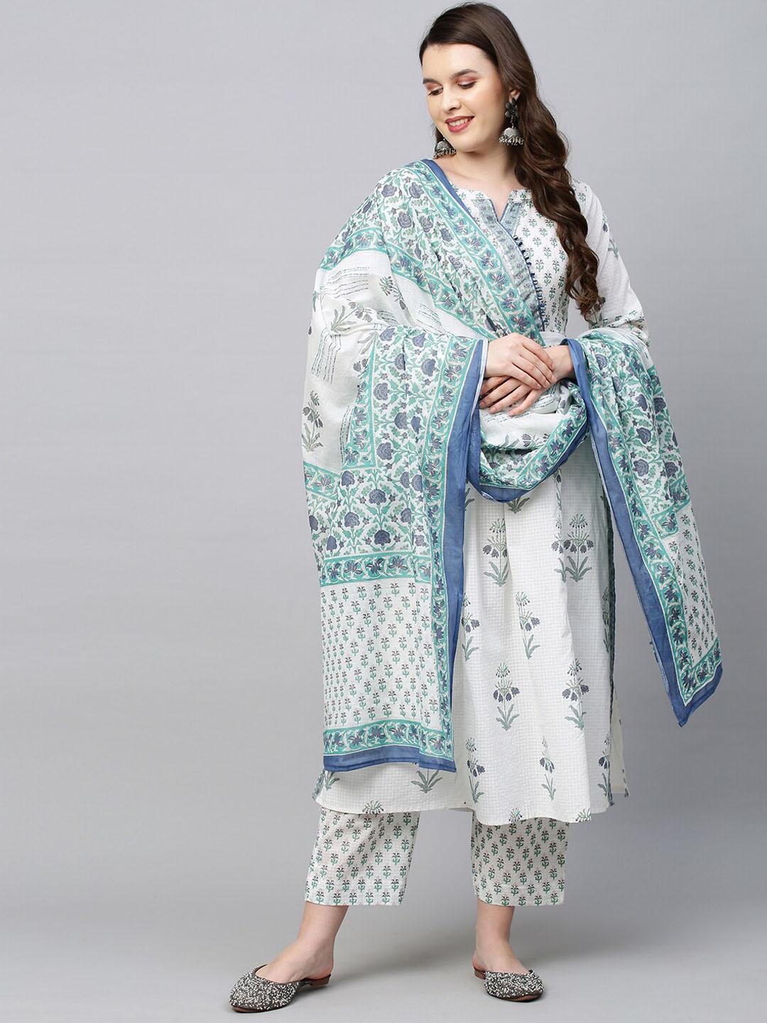 

FASHOR Women Off White Printed Pleated Pure Cotton Kurta with Trousers & With Dupatta