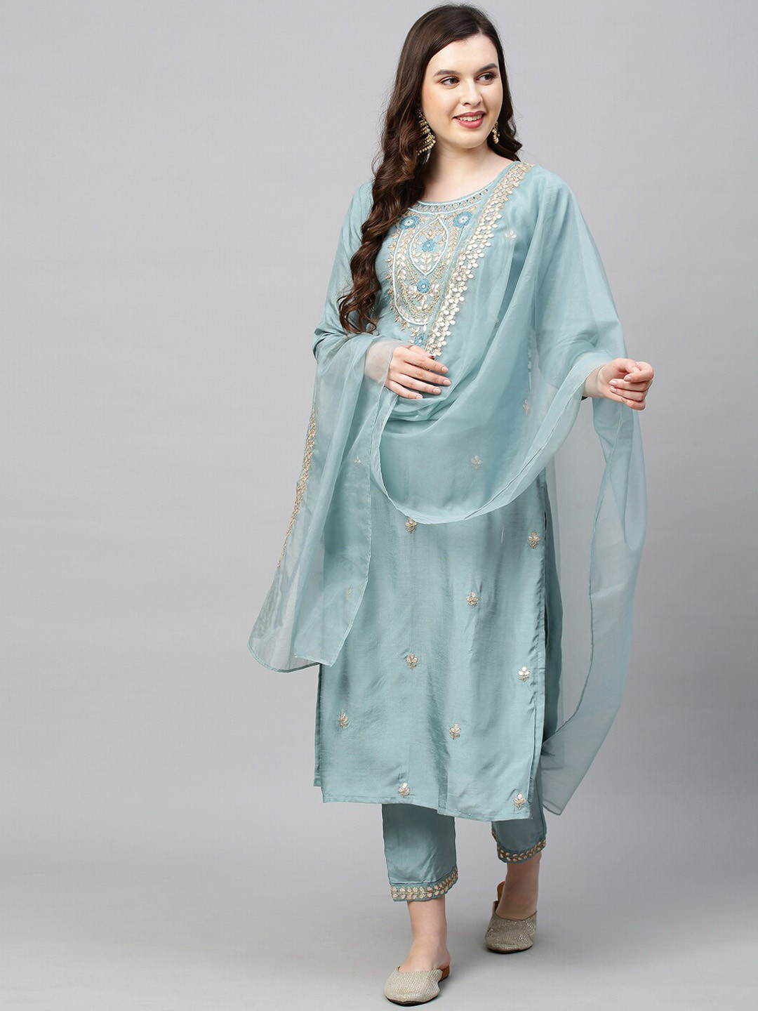 

FASHOR Women Blue Embroidered Pleated Gotta Patti Kurti with Salwar & With Dupatta