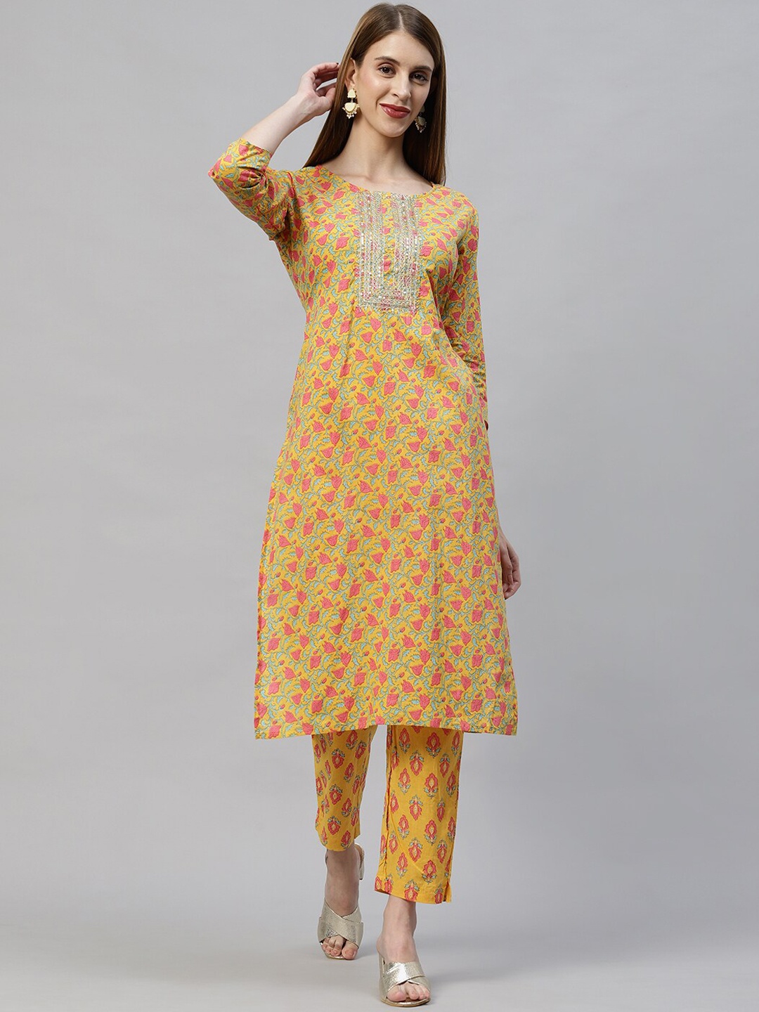 

FASHOR Women Yellow Ethnic Motifs Printed Sequinned Pure Cotton Kurti with Trousers