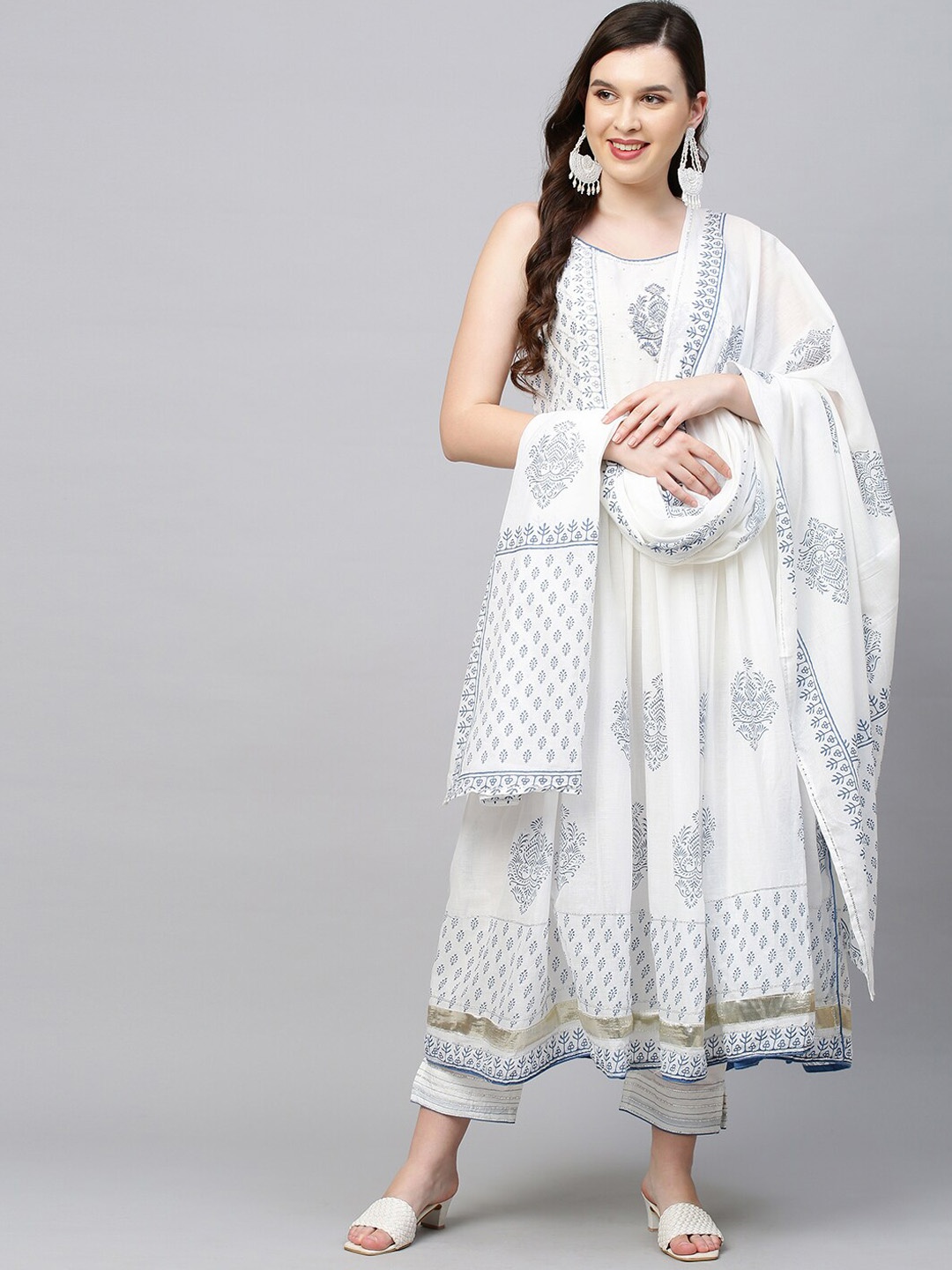 

FASHOR Women Off White Embroidered Pleated Kurti with Skirt & With Dupatta