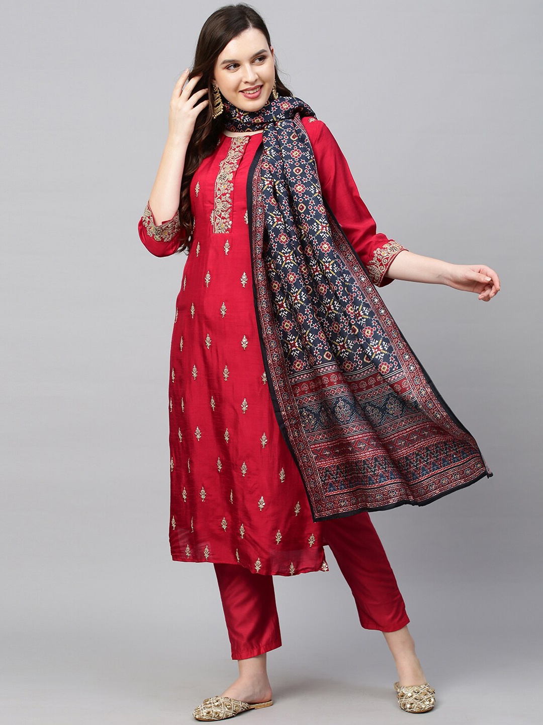 

FASHOR Women Red Ethnic Motifs Embroidered Layered Top with Skirt & With Dupatta