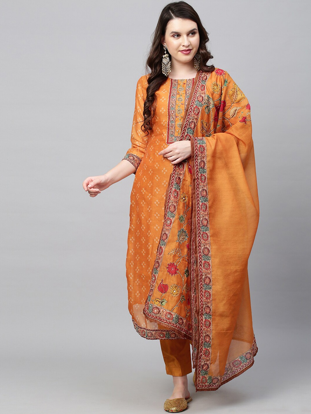 

FASHOR Women Mustard Yellow Ethnic Motifs Embroidered Kantha Work Kurta with Trousers & With Dupatta