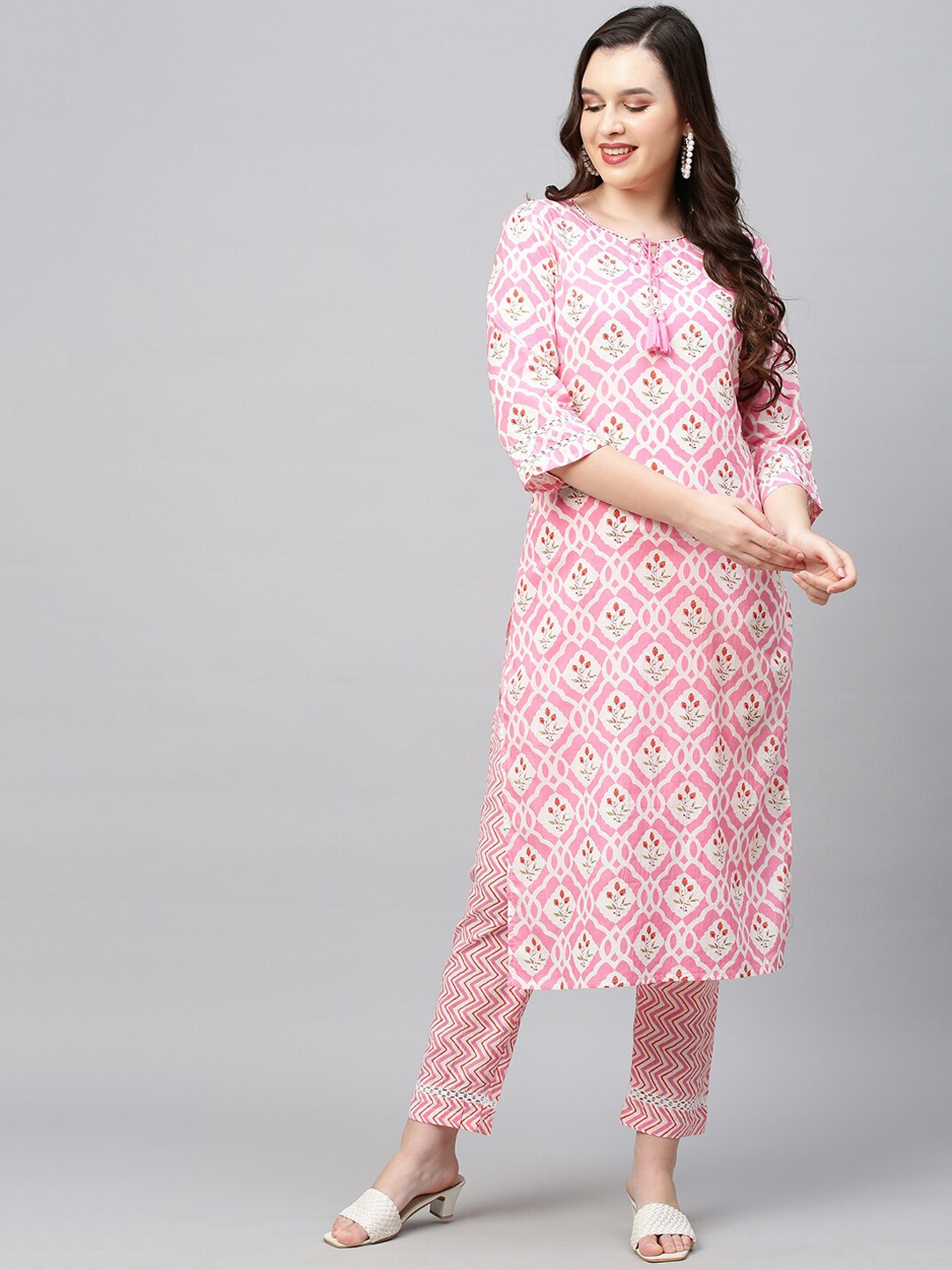 

FASHOR Women Pink Kantha Work Pure Cotton Kurta with Sharara