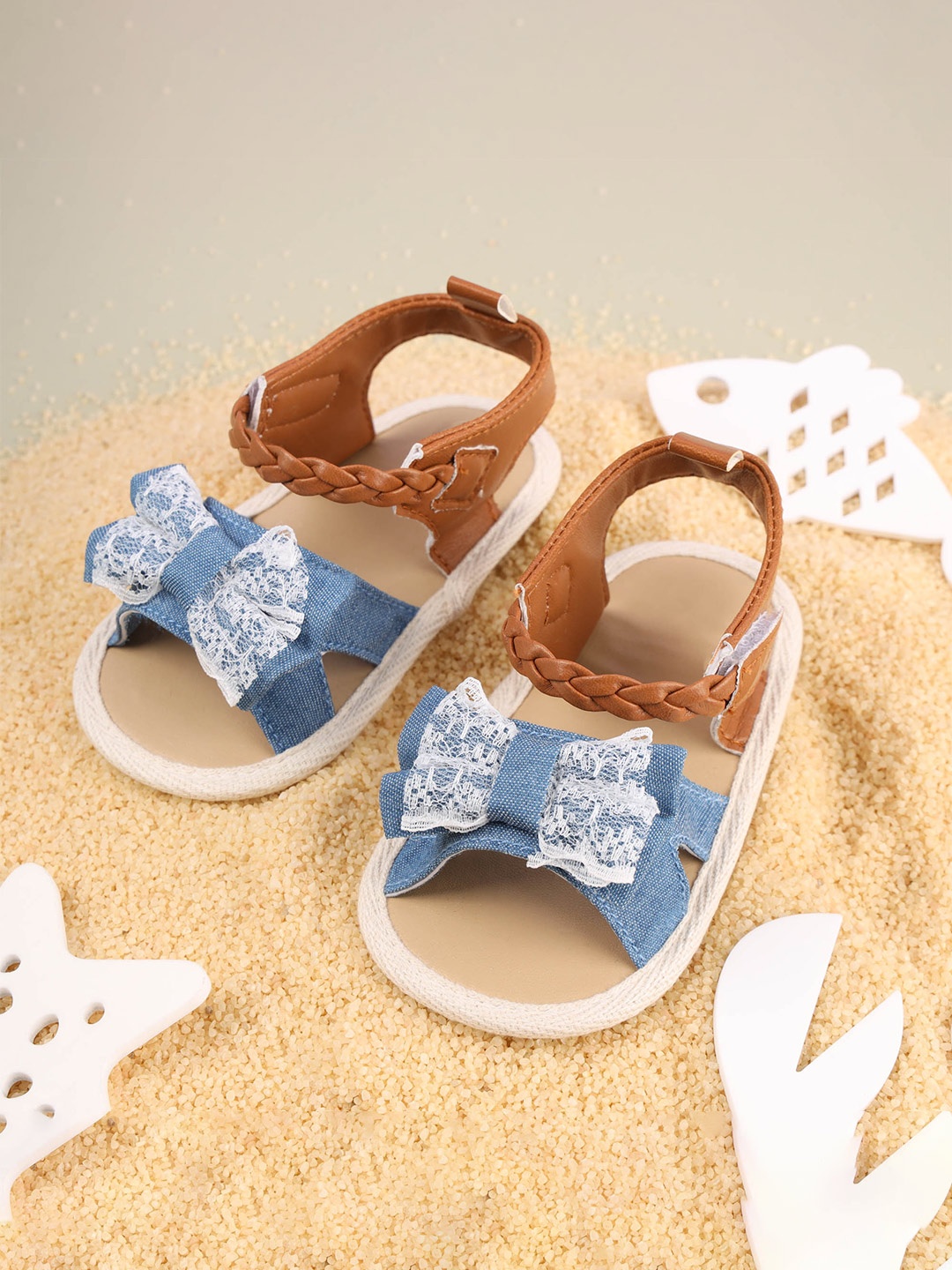 

KICKS & CRAWL Girls Blue Denim Open Toe Flats with Lace Detail Bows