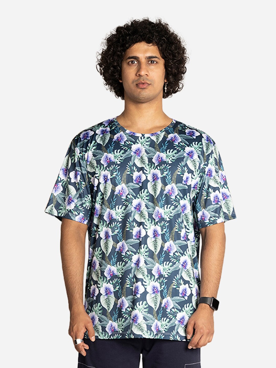 

EDRIO Men Green Floral Printed Tropical Raw Edge Loose T-shirt