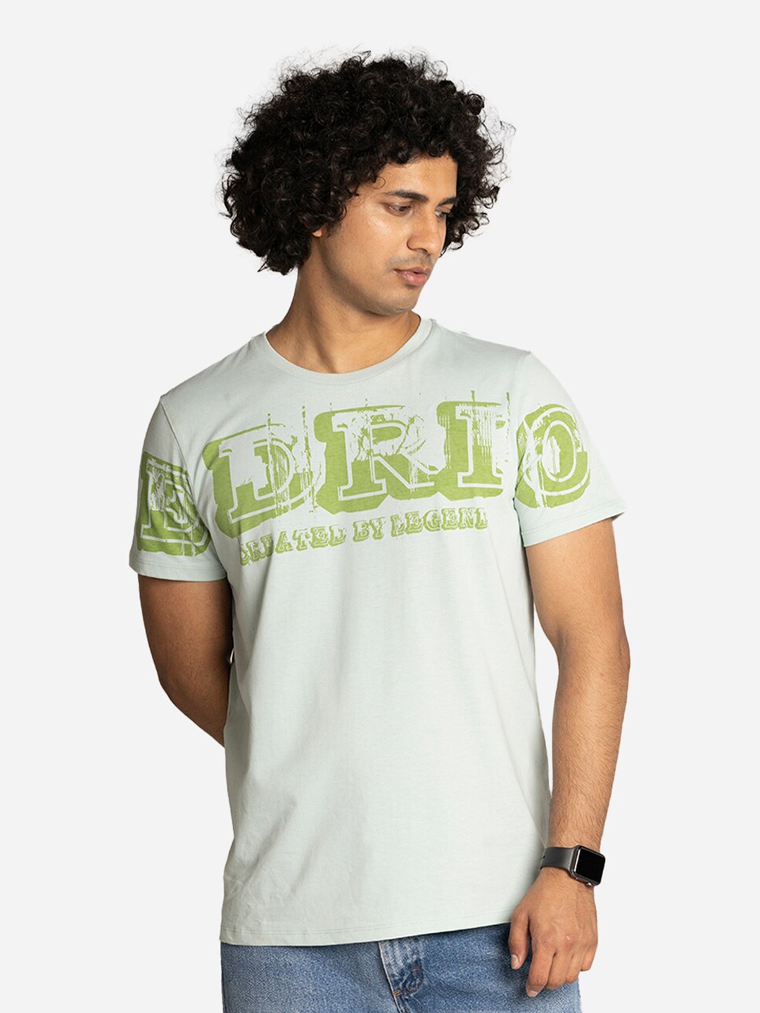 

EDRIO Men Green & lightest sky Typography Printed Pure Cotton Applique T-shirt